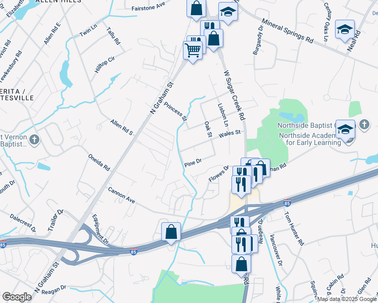 map of restaurants, bars, coffee shops, grocery stores, and more near 5200 Wales Street in Charlotte