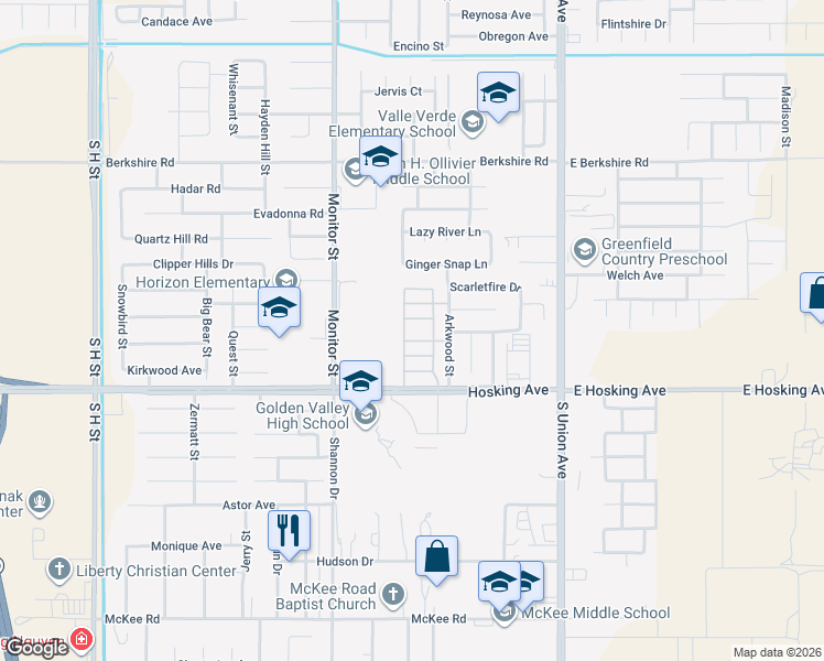 map of restaurants, bars, coffee shops, grocery stores, and more near 600 Hosking Avenue in Bakersfield