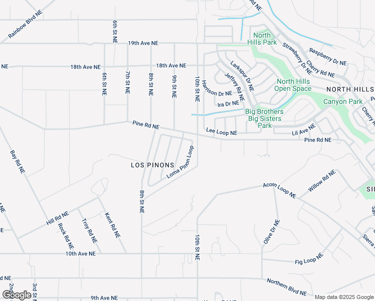 map of restaurants, bars, coffee shops, grocery stores, and more near 725 Loma Pinon Loop in Rio Rancho