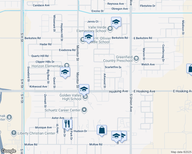 map of restaurants, bars, coffee shops, grocery stores, and more near 600 Hosking Avenue in Bakersfield