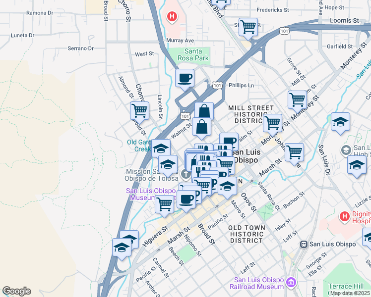 map of restaurants, bars, coffee shops, grocery stores, and more near 870 Mill Street in San Luis Obispo