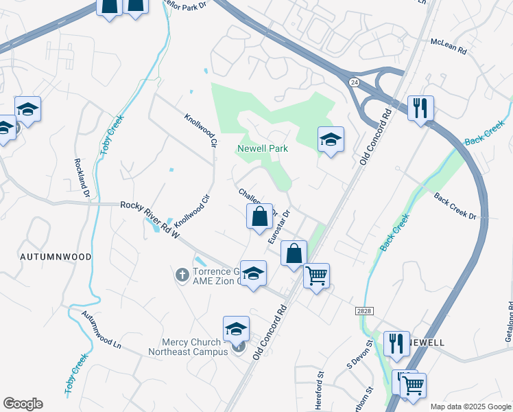 map of restaurants, bars, coffee shops, grocery stores, and more near 8701 Challenger Drive in Charlotte