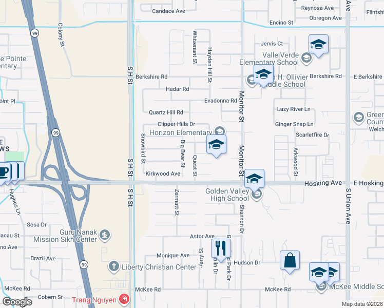 map of restaurants, bars, coffee shops, grocery stores, and more near 7901 Quest Street in Bakersfield