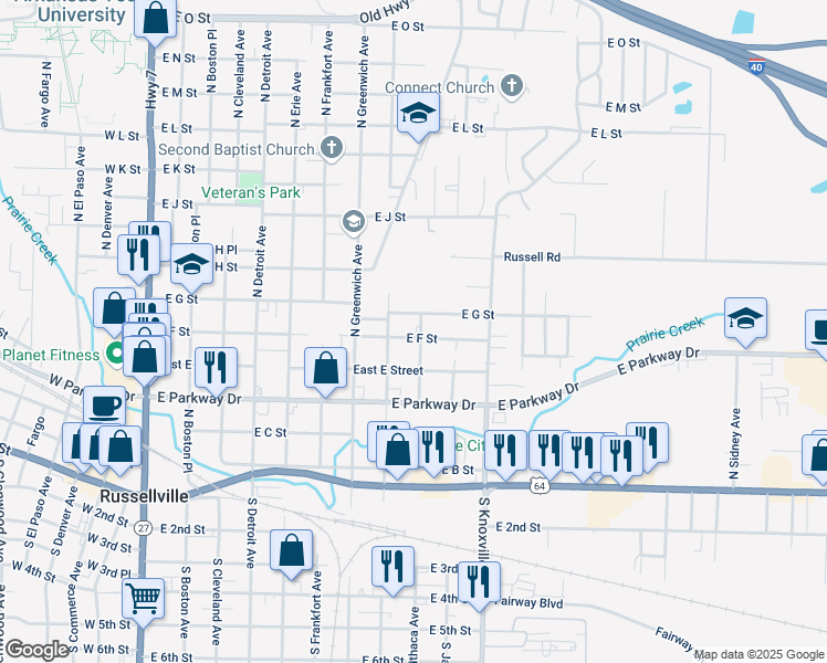 map of restaurants, bars, coffee shops, grocery stores, and more near 520 North Ithaca Avenue in Russellville