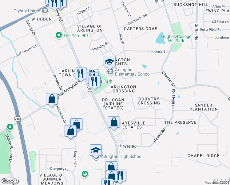 map of restaurants, bars, coffee shops, grocery stores, and more near 5739 Logan Cove in Arlington