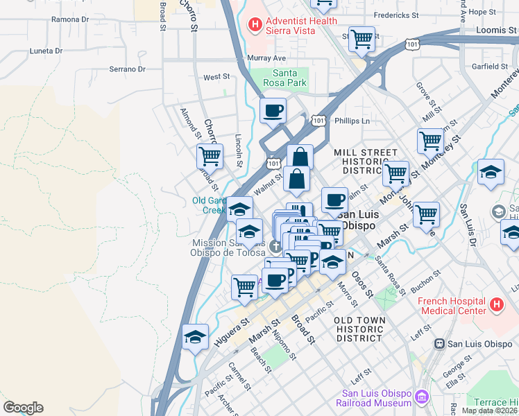 map of restaurants, bars, coffee shops, grocery stores, and more near 699 Chorro Street in San Luis Obispo