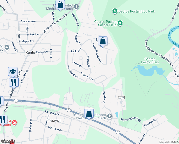 map of restaurants, bars, coffee shops, grocery stores, and more near 4109 Everest Drive in Gastonia