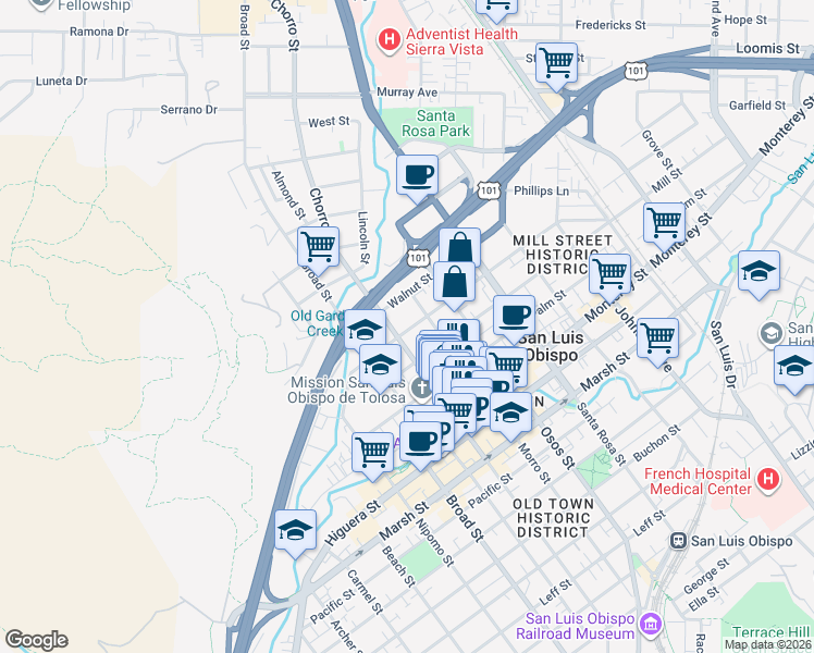 map of restaurants, bars, coffee shops, grocery stores, and more near 699 Chorro Street in San Luis Obispo