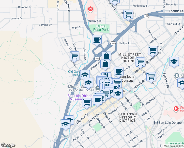 map of restaurants, bars, coffee shops, grocery stores, and more near 699 Chorro Street in San Luis Obispo