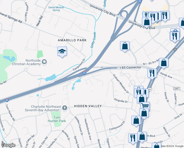 map of restaurants, bars, coffee shops, grocery stores, and more near 6304 Derryfield Drive in Charlotte