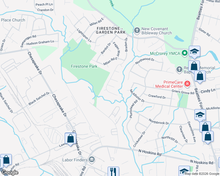 map of restaurants, bars, coffee shops, grocery stores, and more near 3226 Braden Drive in Charlotte