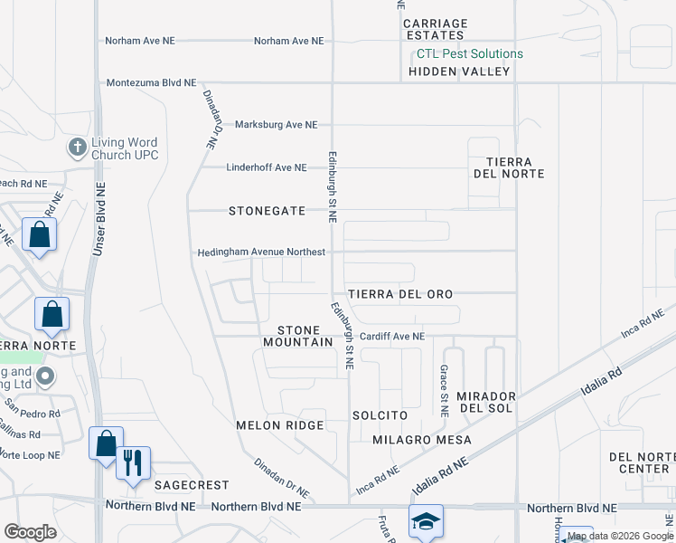 map of restaurants, bars, coffee shops, grocery stores, and more near 1551 Edinburgh Street Northeast in Rio Rancho