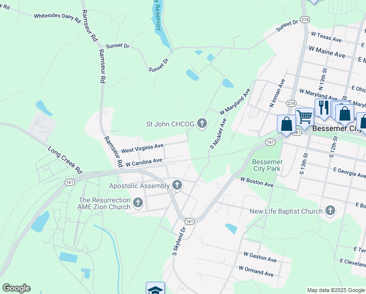 map of restaurants, bars, coffee shops, grocery stores, and more near 702 West Carolina Avenue in Bessemer City