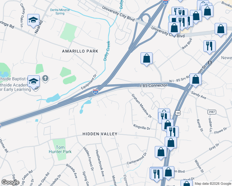 map of restaurants, bars, coffee shops, grocery stores, and more near 6333 Derryfield Drive in Charlotte