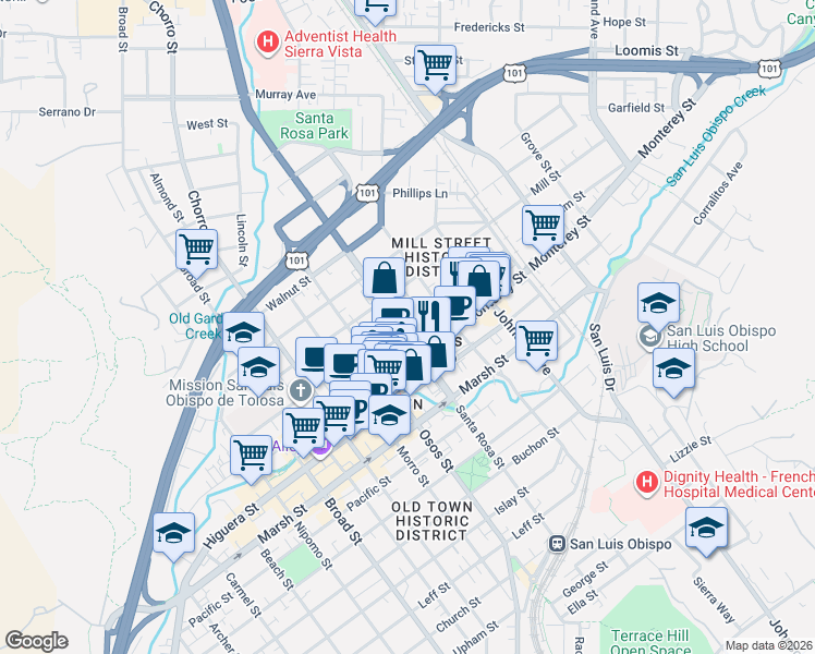 map of restaurants, bars, coffee shops, grocery stores, and more near in San Luis Obispo