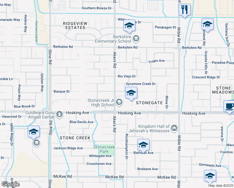 map of restaurants, bars, coffee shops, grocery stores, and more near 4015 Waterfall Canyon Drive in Bakersfield