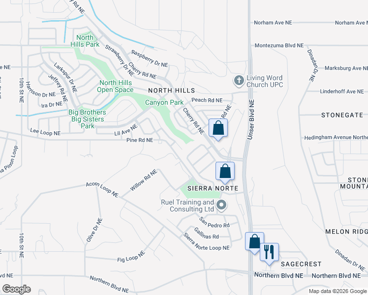 map of restaurants, bars, coffee shops, grocery stores, and more near 1590 Perma Drive Northeast in Rio Rancho
