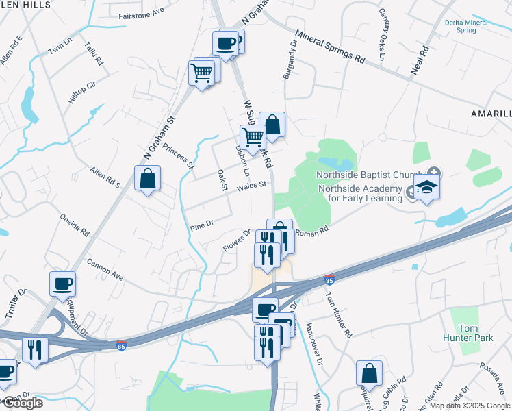 map of restaurants, bars, coffee shops, grocery stores, and more near 1437 West Sugar Creek Road in Charlotte