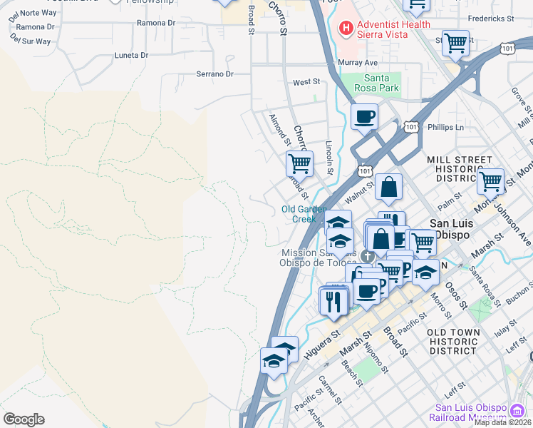 map of restaurants, bars, coffee shops, grocery stores, and more near 663 Hill Street in San Luis Obispo