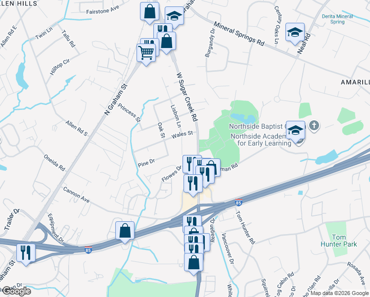 map of restaurants, bars, coffee shops, grocery stores, and more near 1437 West Sugar Creek Road in Charlotte