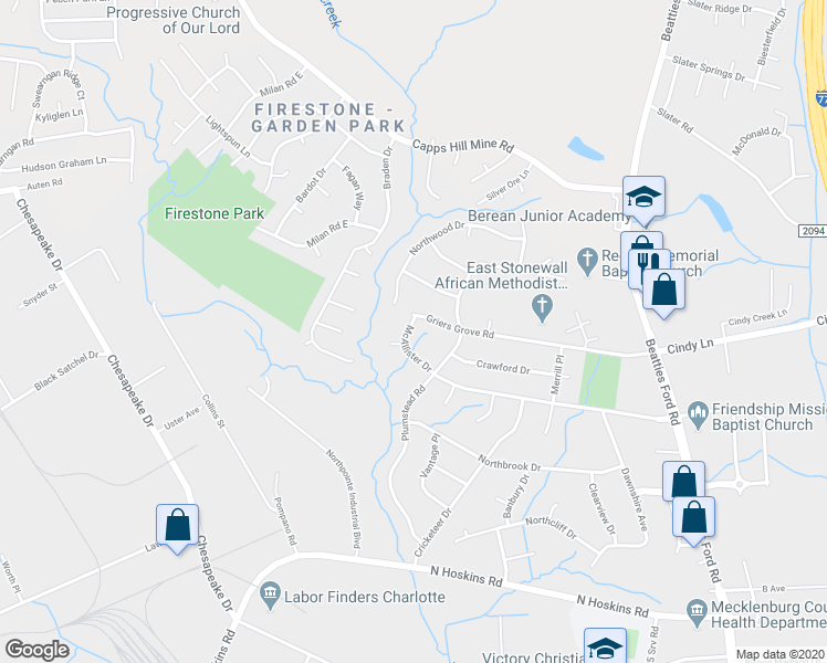 map of restaurants, bars, coffee shops, grocery stores, and more near 1325 McAllister Drive in Charlotte