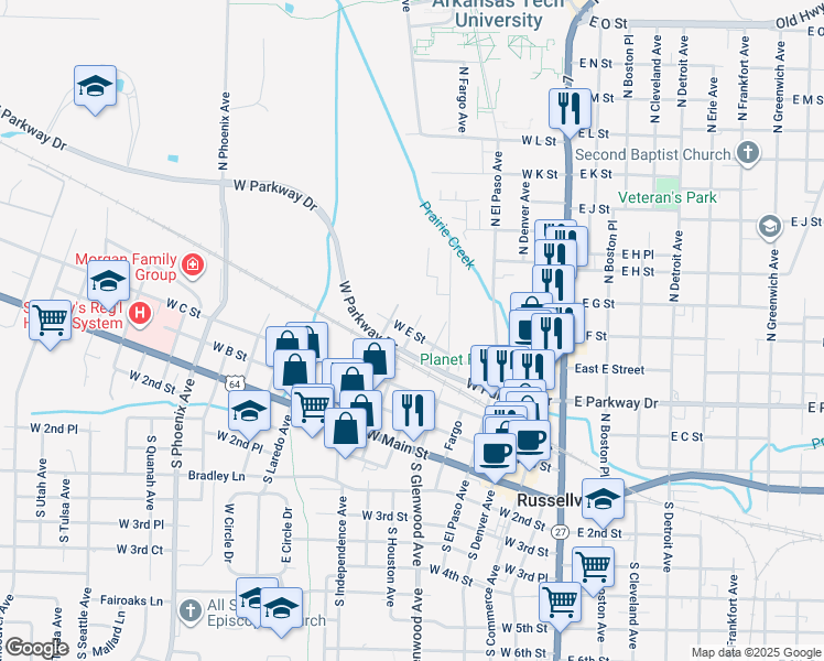 map of restaurants, bars, coffee shops, grocery stores, and more near 400 North Independence Avenue in Russellville