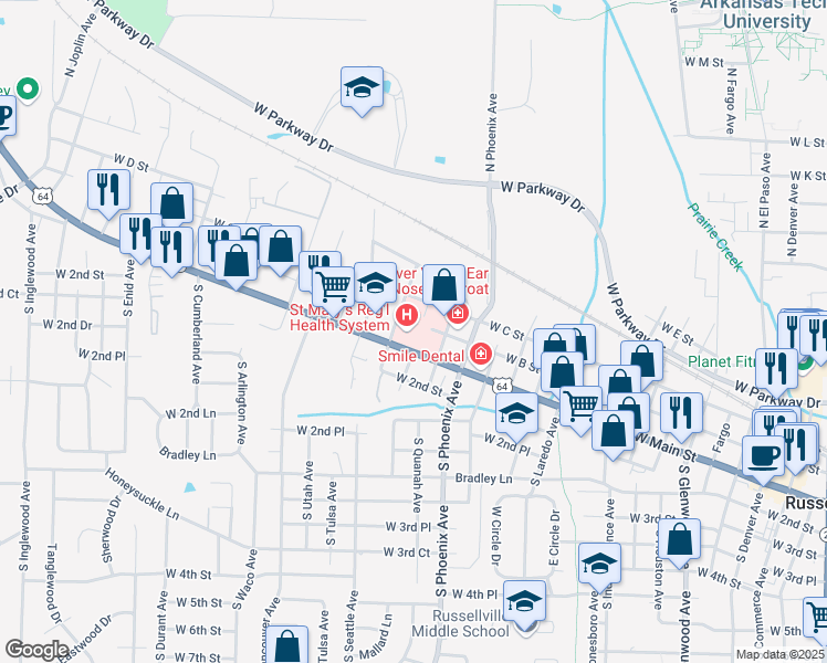 map of restaurants, bars, coffee shops, grocery stores, and more near 1808 West Main Street in Russellville