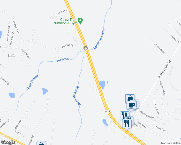 map of restaurants, bars, coffee shops, grocery stores, and more near 1826 North Carolina 87 in Cameron