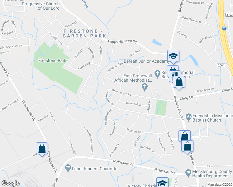 map of restaurants, bars, coffee shops, grocery stores, and more near 1428 Griers Grove Road in Charlotte