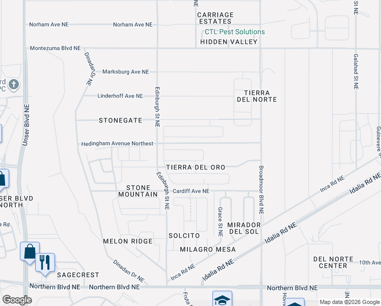 map of restaurants, bars, coffee shops, grocery stores, and more near 1327 San Juan Court Northeast in Rio Rancho