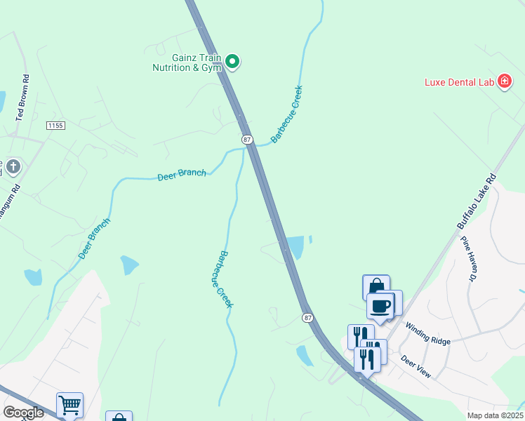 map of restaurants, bars, coffee shops, grocery stores, and more near 1826 North Carolina 87 in Cameron