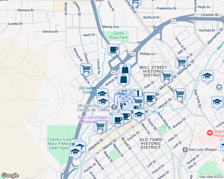 map of restaurants, bars, coffee shops, grocery stores, and more near 680 Chorro Street in San Luis Obispo