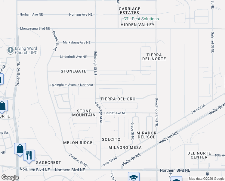 map of restaurants, bars, coffee shops, grocery stores, and more near 1327 San Juan Court Northeast in Rio Rancho