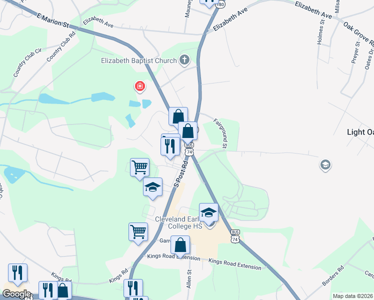 map of restaurants, bars, coffee shops, grocery stores, and more near 100-302 Highway 180 in Shelby
