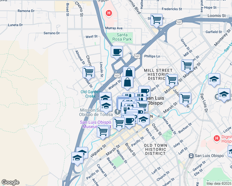 map of restaurants, bars, coffee shops, grocery stores, and more near 870 Mill Street in San Luis Obispo
