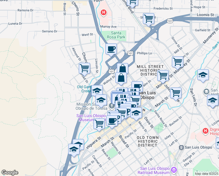 map of restaurants, bars, coffee shops, grocery stores, and more near 870 Mill Street in San Luis Obispo