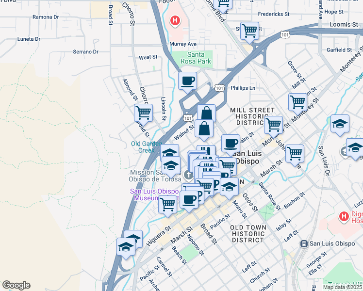 map of restaurants, bars, coffee shops, grocery stores, and more near 699 Chorro Street in San Luis Obispo