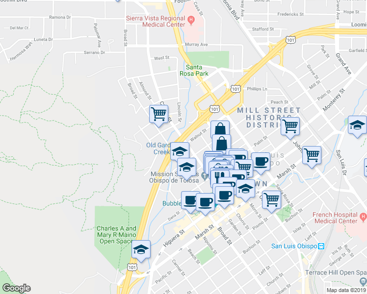 map of restaurants, bars, coffee shops, grocery stores, and more near 699 Chorro Street in San Luis Obispo