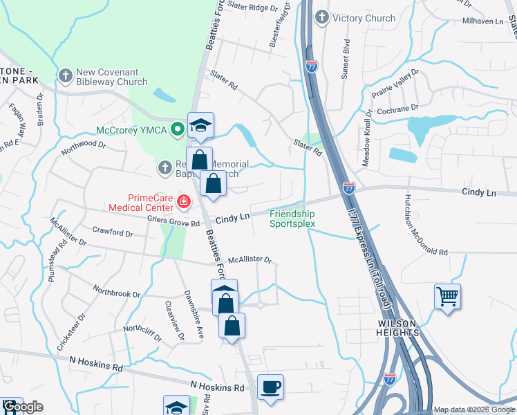 map of restaurants, bars, coffee shops, grocery stores, and more near 2218 Cindy Lane in Charlotte