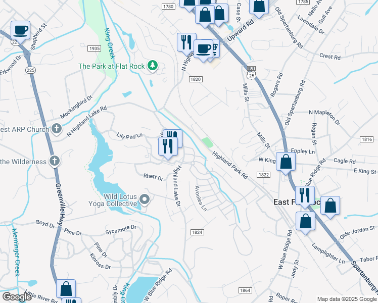 map of restaurants, bars, coffee shops, grocery stores, and more near 21 Town Circle in Flat Rock