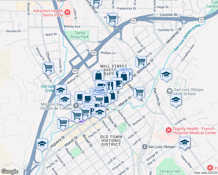 map of restaurants, bars, coffee shops, grocery stores, and more near in San Luis Obispo
