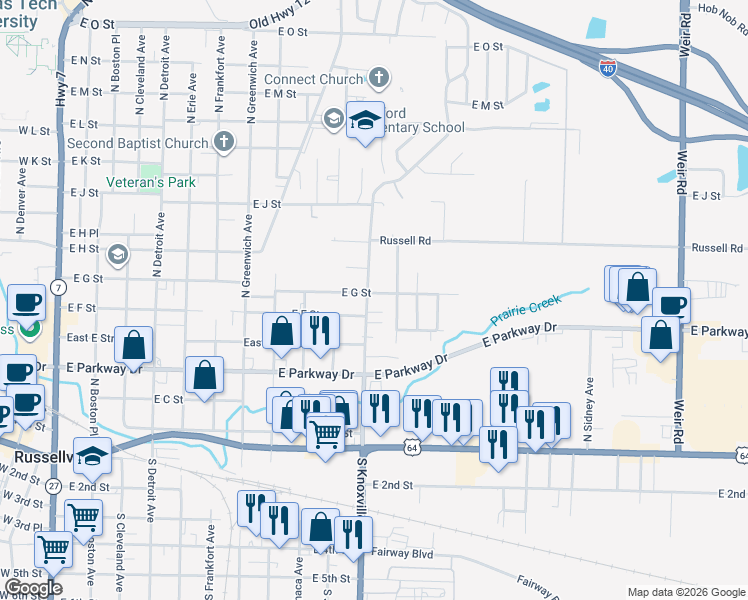 map of restaurants, bars, coffee shops, grocery stores, and more near 510 North Knoxville Avenue in Russellville