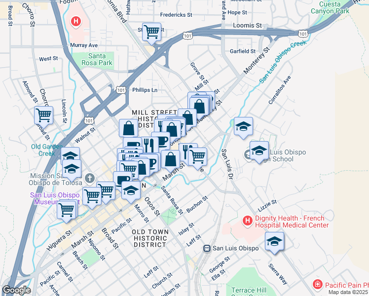 map of restaurants, bars, coffee shops, grocery stores, and more near Johnson Avenue & Higuera Street in San Luis Obispo