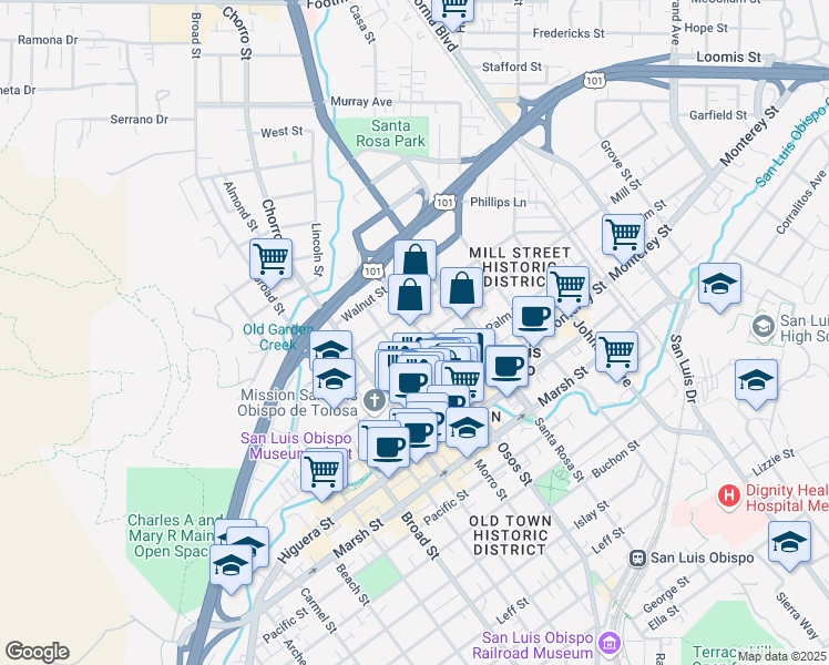 map of restaurants, bars, coffee shops, grocery stores, and more near in San Luis Obispo