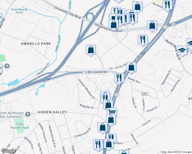 map of restaurants, bars, coffee shops, grocery stores, and more near 332 Orchard Trace Lane in Charlotte