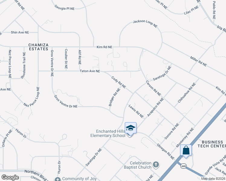 map of restaurants, bars, coffee shops, grocery stores, and more near 1490 Bridger Road Northeast in Rio Rancho