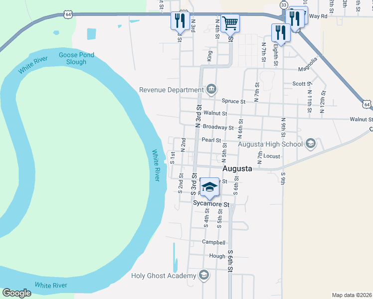 map of restaurants, bars, coffee shops, grocery stores, and more near 117 South 2nd Street in Augusta