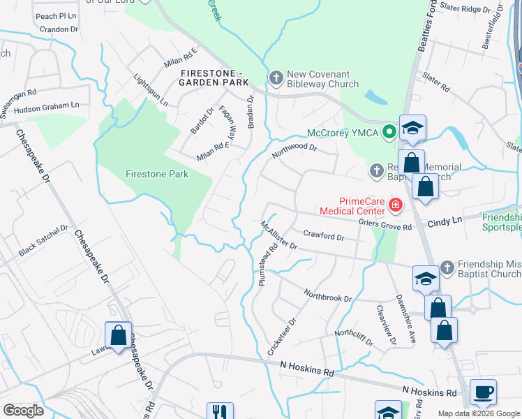 map of restaurants, bars, coffee shops, grocery stores, and more near 1325 McAllister Drive in Charlotte