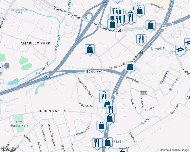 map of restaurants, bars, coffee shops, grocery stores, and more near 332 Orchard Trace Lane in Charlotte