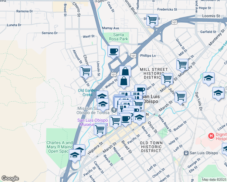 map of restaurants, bars, coffee shops, grocery stores, and more near 677 Morro Street in San Luis Obispo